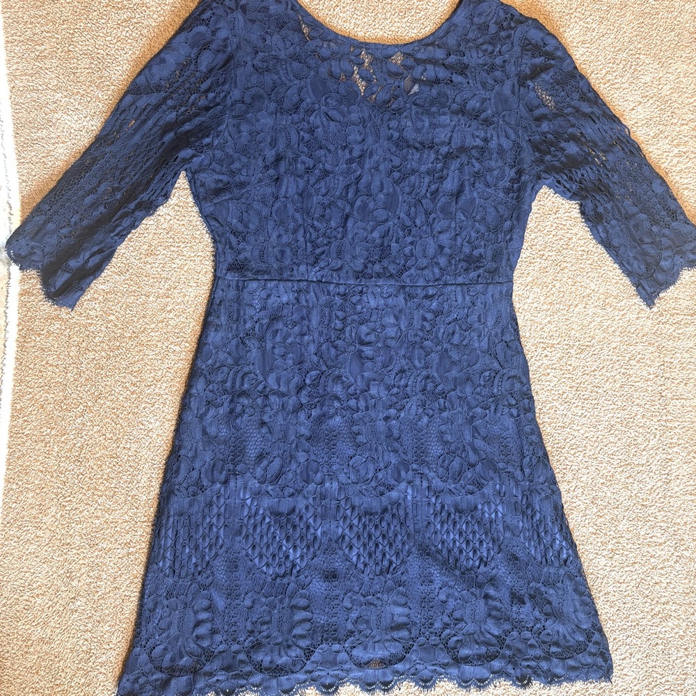 Women’s XXL Blue Navy Floral Lace 3/4 sleeve midi dress